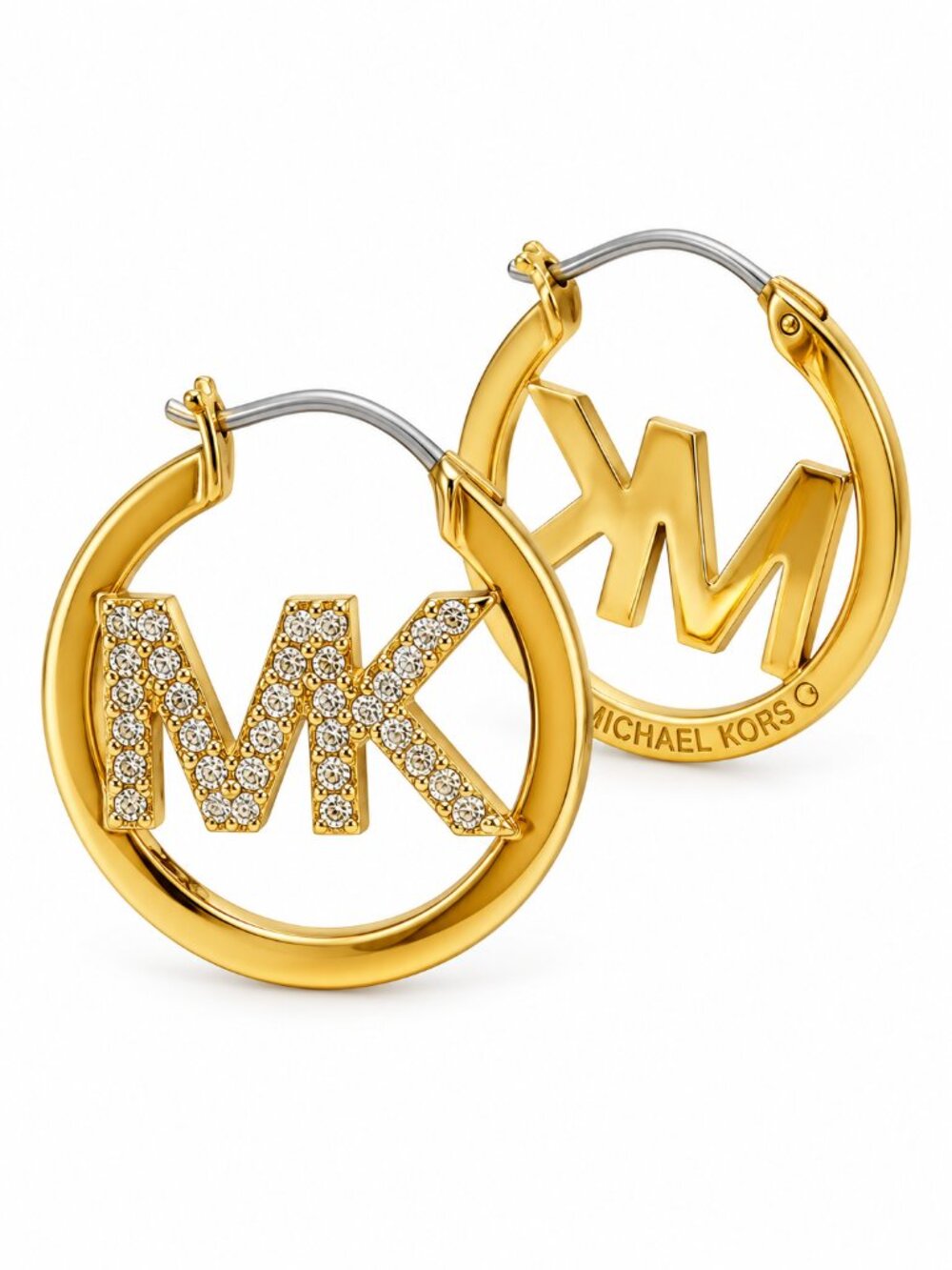 Michael Kors MK Logo Pavé Gold Tone Hoop Earrings Crystal Statement